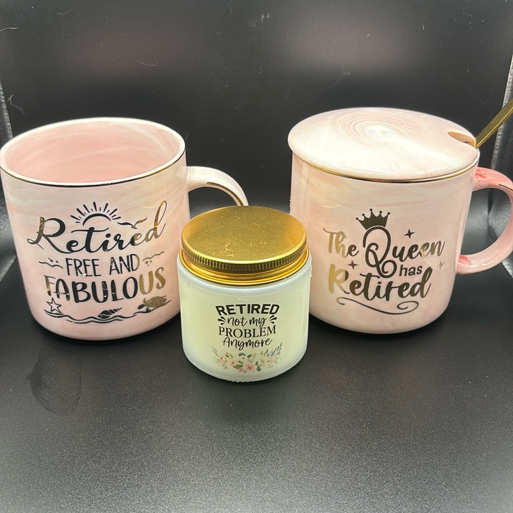 Retirement coffee cup with covered sugar bowl and a wonderful smelling candle